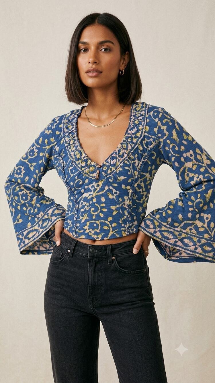 Free People Boho Bell Sleeve Cotton Crop Top S Blue Yellow Floral Ruffle Blouse